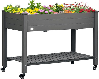 Outsunny Raised Garden Bed, 47" x 22" x 33", Elevated Wooden Planter Box w/Lockable Wheels, Storage Shelf, and Bed Liner for Backyard, Patio, Dark Gray