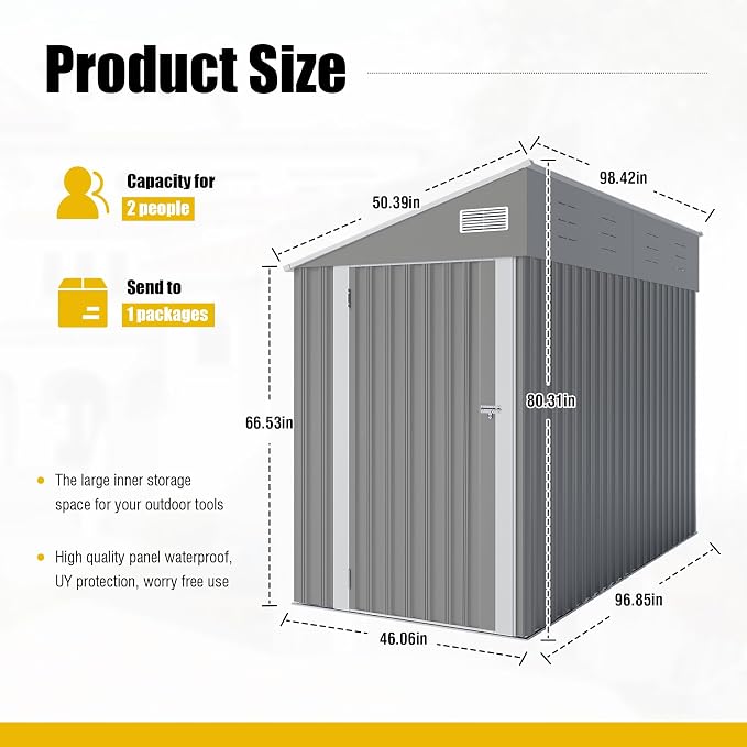 YOPTO 4×8 FT Outdoor Metal Storage Shed,Heavy-Duty Lean to Storage Shed with Lockable Single Side Hinge Door,Waterproof Metal Storage Tool House W/Sloping Roof,Air Vent&Protect Film,for Backyard,Gray