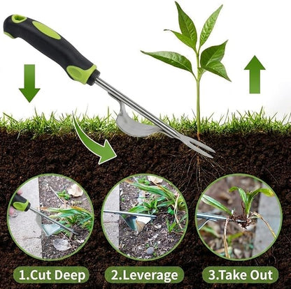 3 Piece Weeding Tool Set, Stainless Steel Hand Weeder Kit with Rubber Handles, Crack Weeder, Weed Puller and Crevice Tool for Lawn, Flower Beds, Sidewalk Cracks, Patio and Between Pavers