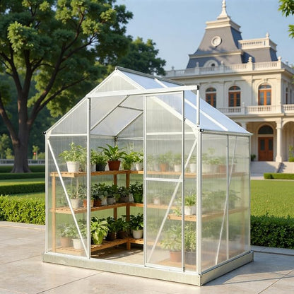 6x4 FT Greenhouse, Walk-in Polycarbonate Greenhouse, Heavy Duty Aluminum Outdoor Green House Kit with Sliding Door, Roof Vent, Rain Gutter for Backyard Garden All Season Growing, Sliver