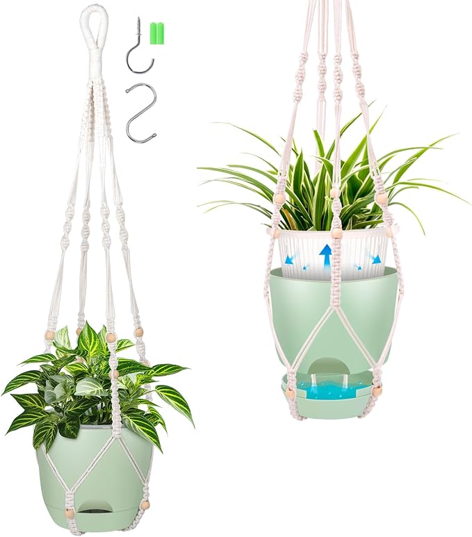 QCQHDU 2-Pack 7.1-Inch Macrame Self-Watering Hanging Planters, Pure Green | Small Plant Pots, Indoor & Outdoor, With Drainage, Two Sets of Hooks