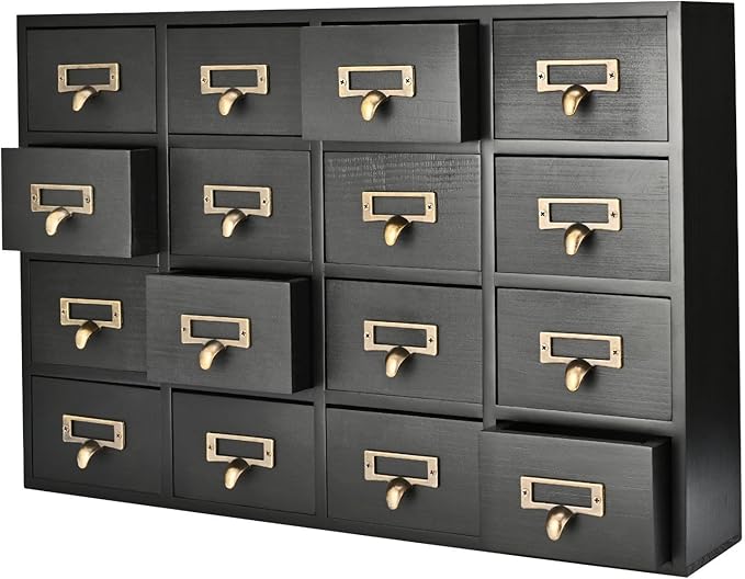 Flexzion Apothecary Cabinet with Drawers - 16 Vintage Drawers, Card Catalog Cabinet, Black Wooden Tabletop Desktop Organizer for Home Office, Jewelry, Makeup, Tools & Small Item Storage