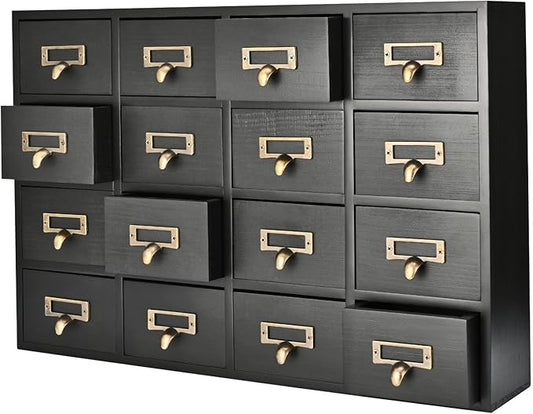 Flexzion Apothecary Cabinet with Drawers - 16 Vintage Drawers, Card Catalog Cabinet, Black Wooden Tabletop Desktop Organizer for Home Office, Jewelry, Makeup, Tools & Small Item Storage
