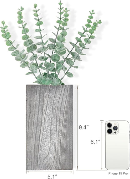 Dahey 2 Pack Wood Wall Planter Vase with Artificial Eucalyptus Farmhouse Wall Hanging Decor Pocket Planter for Indoor Fake Plants Greenery, Living Room Bedroom Kitchen Home Office Decoration, Grey