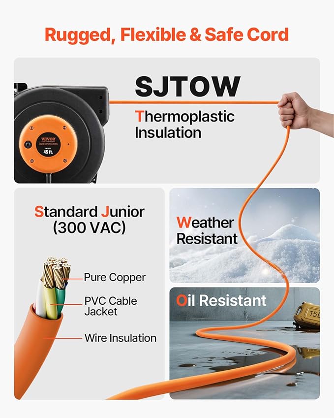 VEVOR Retractable Extension Cord Reel, 45 FT, Heavy Duty 12AWG/3C SJTOW Power Cord, with Lighted Triple Tap Outlet, 15 Amp Circuit Breaker, 180° Swivel Bracket for Ceiling or Wall Mount | Automatic Retractable with Lighted Triple Tap Outlet, 15 Amp Cir...