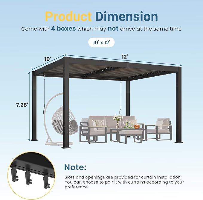 10' x 12' Louvered Pergola, Aluminum Frame Outdoor Pergola with Adjustable Louvered Roof & Integrated Gutter System, Hardtop Patio Gazebo for Backyard, Deck, Garden, Dark Gray