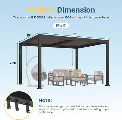 10' x 12' Louvered Pergola, Aluminum Frame Outdoor Pergola with Adjustable Louvered Roof & Integrated Gutter System, Hardtop Patio Gazebo for Backyard, Deck, Garden, Dark Gray
