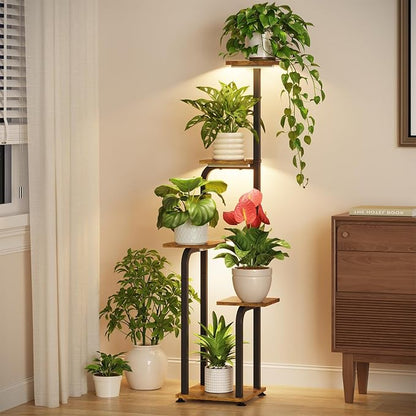 LASZOLA 5 Tiered Plant Stand Tall for Indoor Corner with Grow Lights, Modern Multiple Flower Display Rack with Wooden Tray, Vertical Planter Shelf for Living Room Bedroom Patio Garden Balcony, Black