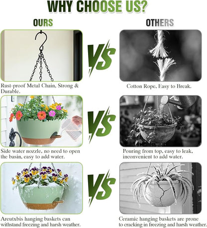 8 Inch Self Watering Hanging Planters Set of 3 with Saucers | Set of 3 8-inch self-watering hanging planters with side-fill watering ports, chain hangers & snap-on saucers