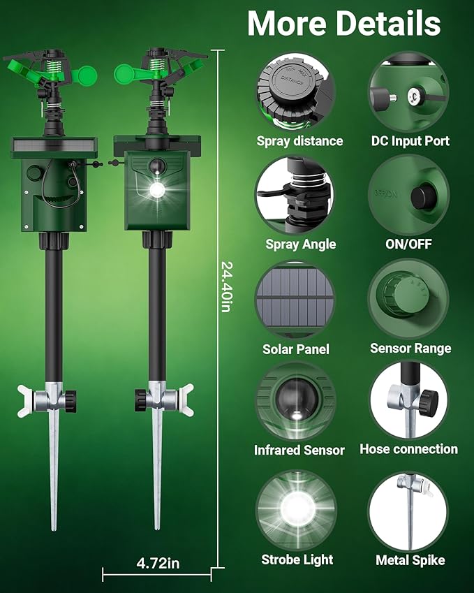 Motion-Activated Sprinkler, Solar Animal Repellent Outdoor - Deer Cat Deterrent with Motion Sensor & Flashing Lights, Protects Yard & Garden from Deer, Cats, Raccoons (2, Green)
