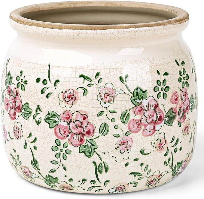 Flower Pots Planters for Indoor Plants Ceramic Plant Pots with Drainage 6.1 Inch Vintage Ceramic Pots for Plants Outdoor Home Garden Decor, Rustic Pink Camellia