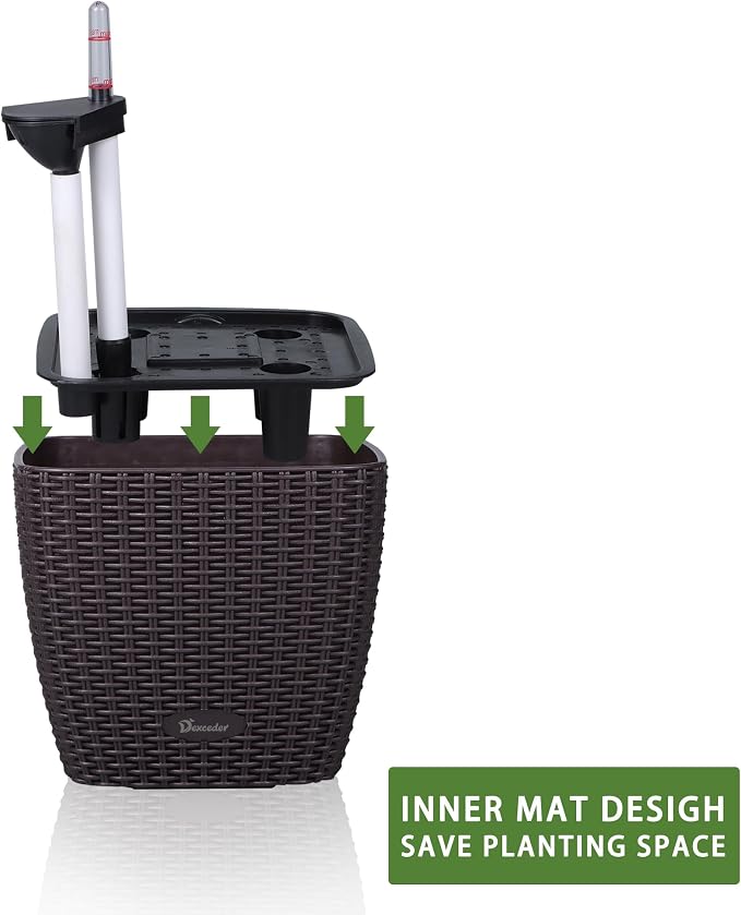 Dexceder 11x10 Self Watering Planter (Brown Rattan) | Inner Mat Design, Thickened Table Flower Plant Pot with Water Level Indicator Indoor Outdoor
