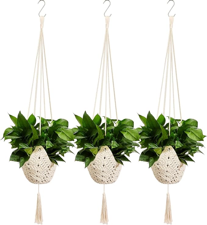 Shappy 3 Pack Boho Macrame Plant Hanger, Large Hanging Planter Plant Holder Pot Hanger Hanging Basket Wall Planters, Plants Lover Gift for Indoor Garden (Classic,Cream)