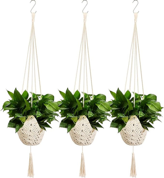 Shappy 3 Pack Boho Macrame Plant Hanger, Large Hanging Planter Plant Holder Pot Hanger Hanging Basket Wall Planters, Plants Lover Gift for Indoor Garden (Classic,Cream)