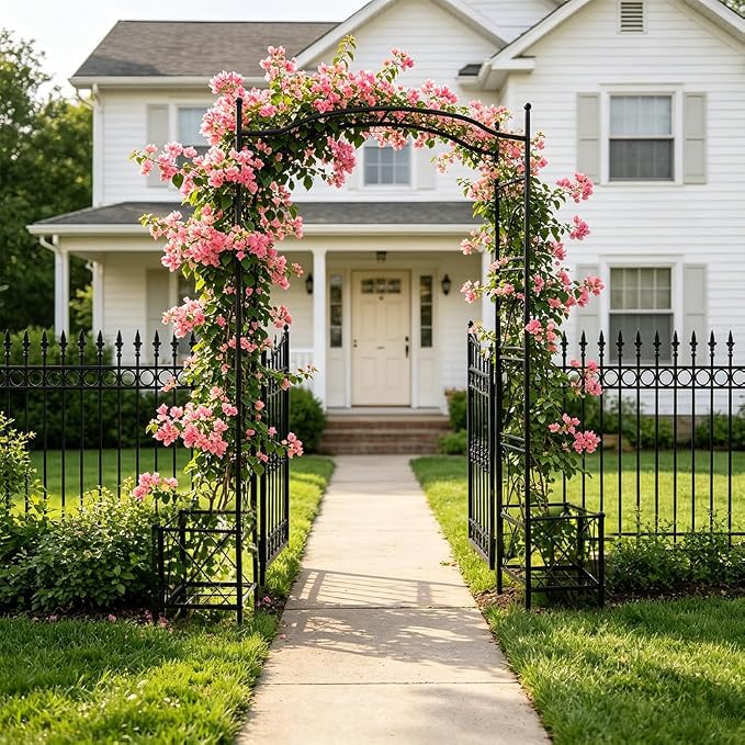 Metal Garden Arbors 93" Thickened Arch Trellis for Climbing Plants | Outdoor Arbor with Planter Box Rustproof Trellises Grapes Rose Wedding Arched Entrance Backdrop Stand Party Event Decoration