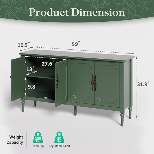 RoyalCraft Sideboard Buffet Cabinet with Storage, 59" Mid Century Modern Credenza with 4 Doors, Coffee Bar Wine Bar Storage Cabinet with Artistic Carved Handle for Living Room, Dining Room, Green