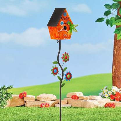 51” Metal Bird Houses Stake for Outside Hummingbird Design | Metal Wild Birdhouse, 5 Pronged Garden Stake Pole, Outdoor Decorations for Patio, Backyard, Garden