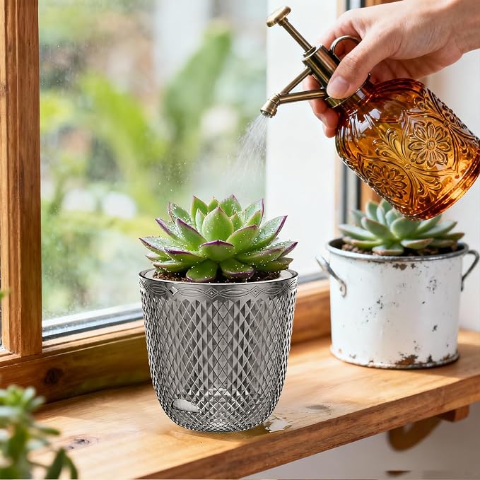 QCQHDU 2 Pack Self Watering Pots, 5.7 Inch, with Drainage Holes, Gray | Plastic Garden Planter with Water Filling Port for Indoor Plants