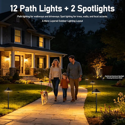 14-Light Low Voltage Landscape Lighting System, 12 Pathway Lights & 2 Spotlights, 72W 24V ETL Controller, Plug-and-Play, IP65 Waterproof, Remote & Timer, 3000K Warm White, 140FT for Path Garden