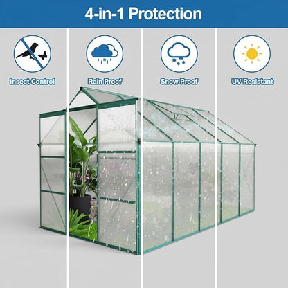 6x12 FT Greenhouse, Walk-in Polycarbonate Greenhouses with Sliding Doors, Aluminum Frame, Adjustable Roof Vent, Raised Base & Anchor, Outdoor Backyard Greenhouse for All Seasons, Green