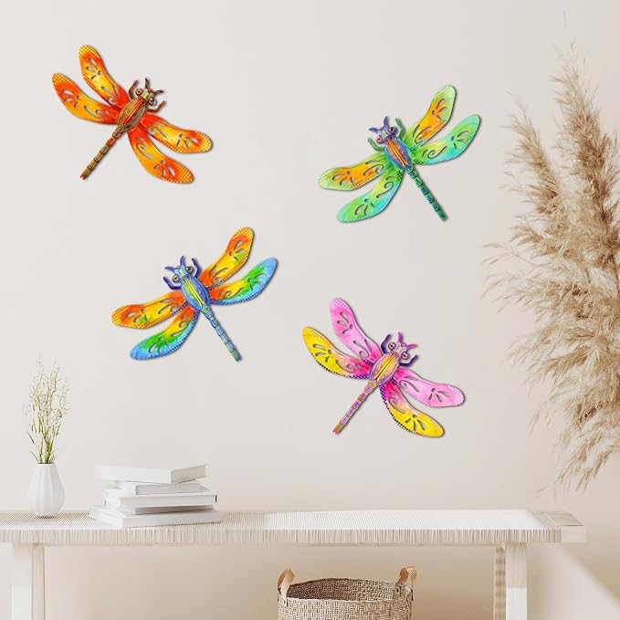 Metal Dragonfly Wall Decor, 4Pcs Dragonfly Iron Wall Art Sculptures Hanging Sculpture Decoration.Outdoor Fence Art 13.58 * 9.45 Inch for Home Garden, Fence, Patio, Yard, Bedroom Outside Gifts for Adults