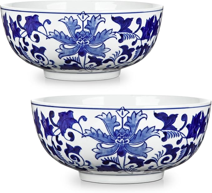 Hollyone Set of 2 Blue and White Vase Porcelain Planters 7 + 9 inch Garden Bowl Modern Ceramic Pots Classic Chinese Floral Vase for Indoor Outdoor Succulents Bonsai Fairy Gardens Herbs