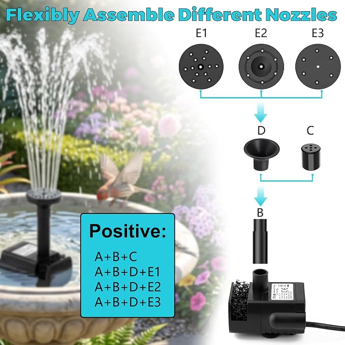 Solar Powered Fountain Pump, DIY Solar Water Pump Kit with 9.84FT Power Cord & 4 Nozzles, 2W Solar Fountain for Bird Bath, Patio, Garden, Small Pond