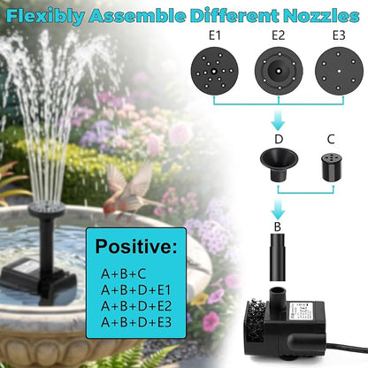 Solar Powered Fountain Pump, DIY Solar Water Pump Kit with 9.84FT Power Cord & 4 Nozzles, 2W Solar Fountain for Bird Bath, Patio, Garden, Small Pond