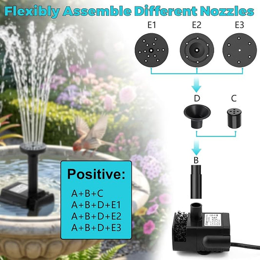 Solar Powered Fountain Pump, DIY Solar Water Pump Kit with 9.84FT Power Cord & 4 Nozzles, 2W Solar Fountain for Bird Bath, Patio, Garden, Small Pond