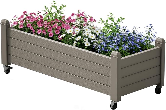Raised Garden Bed with Wheels Outdoor, Resin Planter Box with Drain Hole and Water Level Detector for Backyard, Patio, Balcony, Gray(13.3" H)