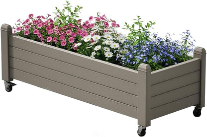 Raised Garden Bed with Wheels Outdoor, Resin Planter Box with Drain Hole and Water Level Detector for Backyard, Patio, Balcony, Gray(13.3" H)