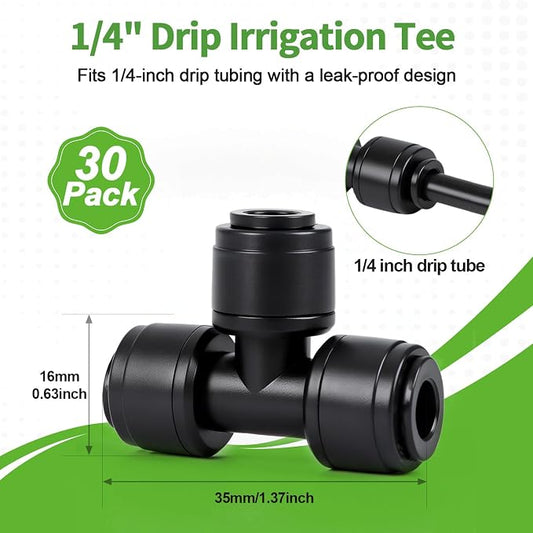 RedChili 30 PCS Quick Connect Drip Irrigation 1/4" Tee Fitting, Universal 3 Way Tee Connectors for 1/4-Inch Drip Tubing Leak Free T Fittings for Sprinkler Irrigation System Connection