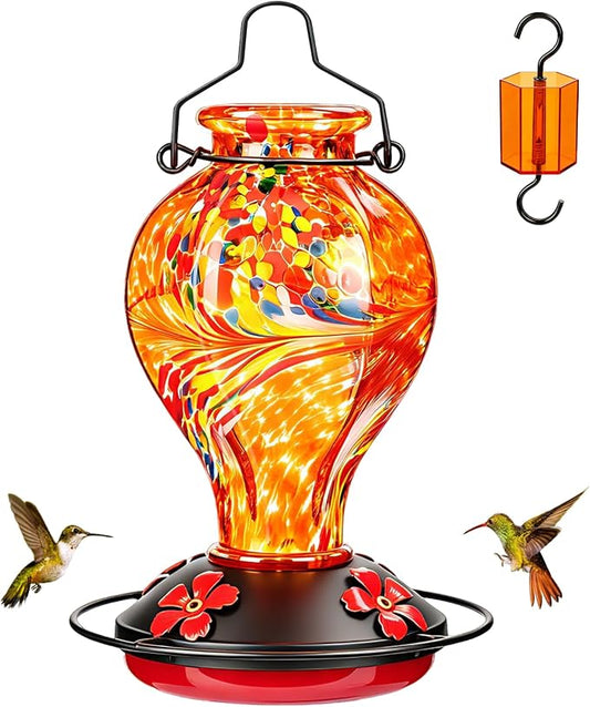 Hand Blown Glass Hummingbird Feeders for Outdoors Hanging, 24oz Wild Bird Nectar Feeder with Ant Moat and Perch, Bee-Resistant Ports, Garden Decor, Gifts for Women Mom, 1 Pack, Orange Phoenix
