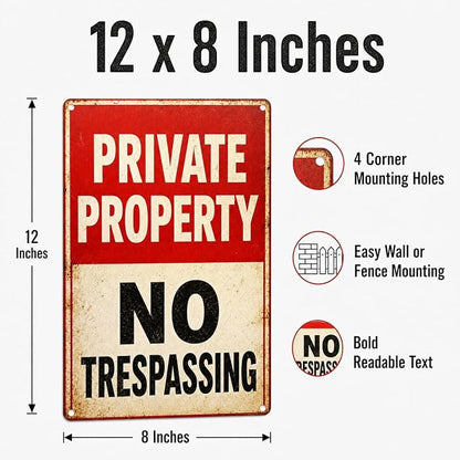 Private Property Tin Sign, 12 x 8 Inch No Trespassing Aluminum Metal Wall Decor, Vintage Notice Sign for Gate, Fence, Porch, Driveway, Entryway