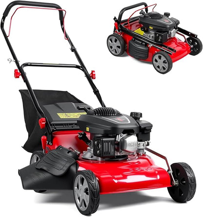 131cc Foldable Gas Lawn Mower, Self-Propelled Rear-Wheel Drive, 18 Inch Cutting Width, 50L Grass Bag, 3-in-1 Mulching/Side Discharge/Rear-Bagging, Lightweight Push-Button Start Mower