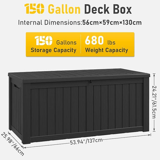 NUNU LAB Outdoor Storage Box 150 Gallon,Resin Large Sturdy Deck Box, Backyard Outside Storage Box Waterproof with Double Wall Panels,Package Delivery Box,Garden Box,Tool Box,Outdoor Hose Storage Bin