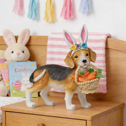 Cynkeyee Dog Garden Statue Decoration - Cute Puppy Beagle with Bunny Ears | Carrot Basket Doggy Figurines, Tabletop Self Floor Indoor Garden Decor, 11.5x4x10.5 inch