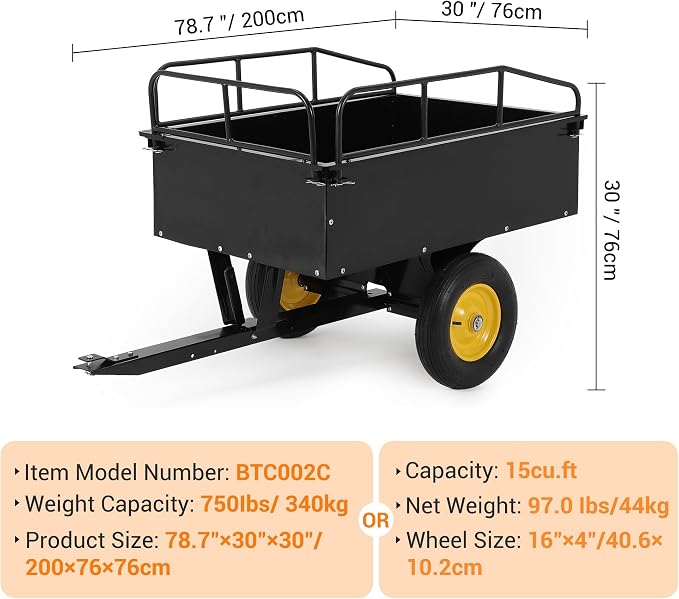 Heavy Duty 500LB Capacity Steel Dump Cart Trailer for ATV, 12 Cu.Ft Utility Garden Wagon, 2 Wheels, Durable Tow-Behind for UTV, Lawn Mower, Tractor, Landscaping