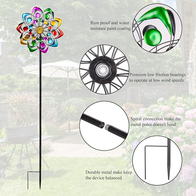 Viveta Kinetic Wind Spinner, 59 inch Outdoor Metal Windmills for Yard Garden, Double Wind Sculpture with Stable Stake, Multi-Color | Double Wind Sculpture with Stable Stake, Multi-color, for Yard and Garden