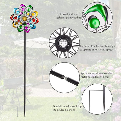 Viveta Kinetic Wind Spinner, 59 inch Outdoor Metal Windmills for Yard Garden, Double Wind Sculpture with Stable Stake, Multi-Color | Double Wind Sculpture with Stable Stake, Multi-color, for Yard and Garden