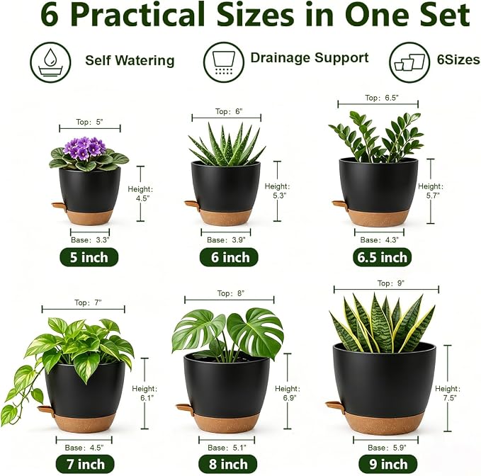 Plant Pots for Indoor 9/8/7/6.5/6/5 Inch, Self Watering Planter Pots with Drainage Holes and Saucers, 6Pcs Plastic Flower Pots for Indoor & Outdoor Plants（Black）