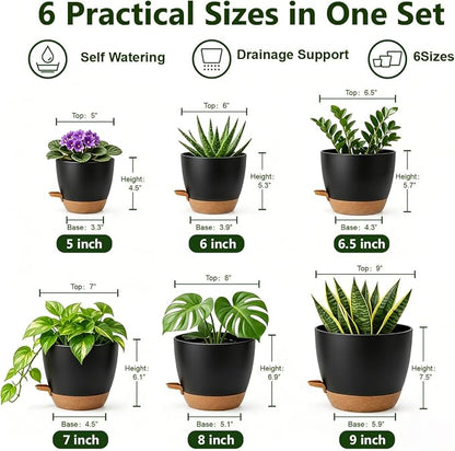 Plant Pots for Indoor 9/8/7/6.5/6/5 Inch, Self Watering Planter Pots with Drainage Holes and Saucers, 6Pcs Plastic Flower Pots for Indoor & Outdoor Plants（Black）
