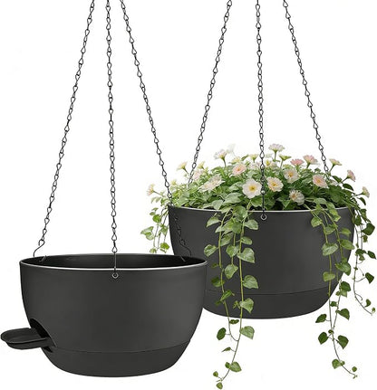 12 Inch Self Watering Hanging Planters 2 Pack, Black. | Plastic planters with drainage holes and saucers. Suitable for indoor, outdoor, kitchen, balcony and garden plant decor.