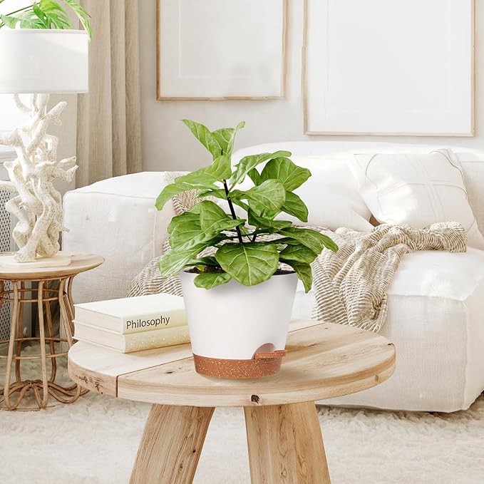 Plant Pots Outdoor Self Watering Pots, Flower Pots with Drainage Hole and Reservoir White Plastic Planters for Indoor Plants Home Decorations Gift Idea 5Pack