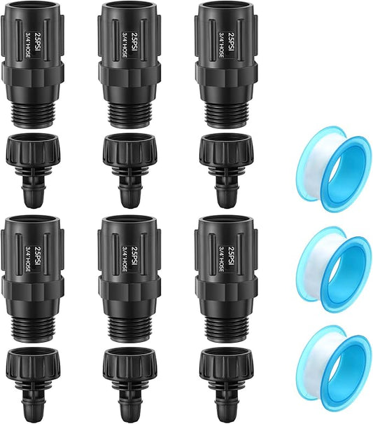 6 Set Drip Irrigation Faucet Adapter Kit, 25 PSI Garden Hose Pressure Regulator, 1/4'' Drip Irrigation Tubing to 3/4'' Faucet, Plumbing Tape