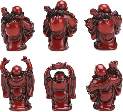 6Pcs 2in Red Resin Laughing Buddha Figurines, Tabletop Lucky Decor | Maitreya Buddha Statue, Flower Pot Statue, Home Office Desk Decor, Fengshui Collection Gift Ornaments