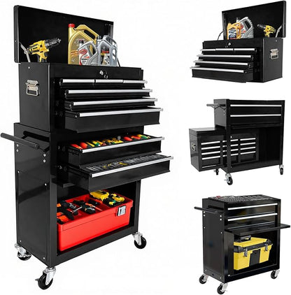 8-Drawer Tool Chest, Detachable Top Box for Garage,Black | Rolling Mobile Storage Cabinet Organizer with Lockable Wheels for Workshop Utility, Heavy Duty Metal Construction