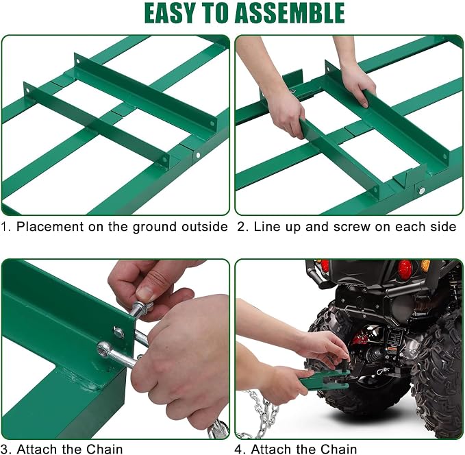 GarveeTech Driveway Drag 4 ft Width, Drag Harrow Driveway,Grader Landscape Power Rake for ATV, UTV, Tractor, Mower, Tow Behind Yard Lawn Leveling Tool with 6 ft Heavy Duty Chain
