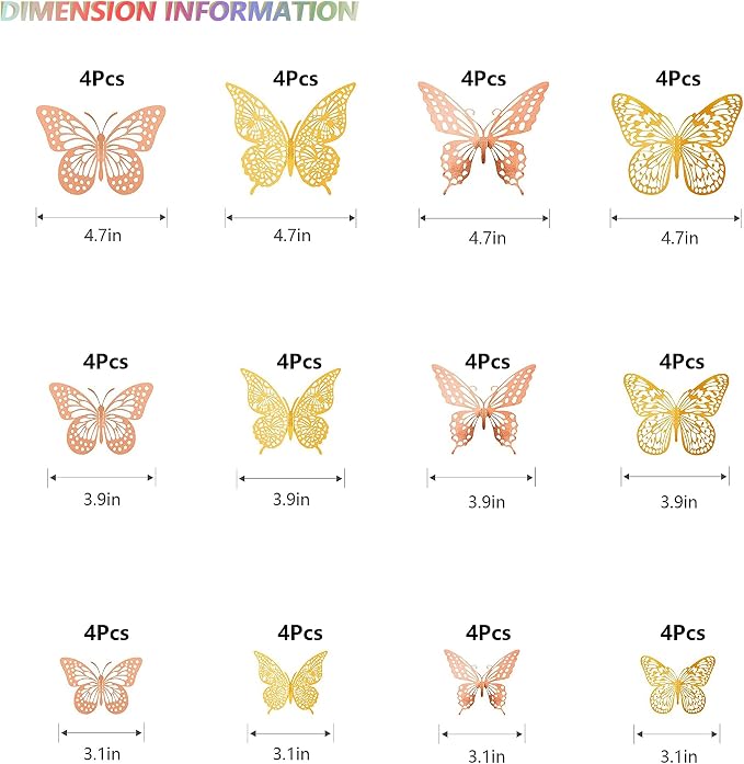 SAOROPEB 3D Butterfly Wall Decor, 48 Pcs 4 Styles 2 Color 3 Sizes, Removable Metallic Wall Sticker Room Mural Decals for Kids Bedroom Nursery Classroom Party Decoration (2 Color)