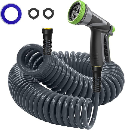Coil Hose,3/8" EVA Coil Garden Hose 50 FT,Curly Water Hose Lightweight with Metal Connectors and Swivel Handle,Retractable Garden Hose Includes 8-Pattern Spray Nozzle for Boat, Yard, Patio